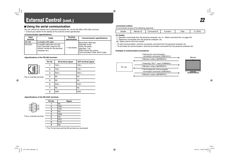 External control, Cont.), 7 using the serial communication | JVC DT-V17G1 User Manual | Page 22 / 28