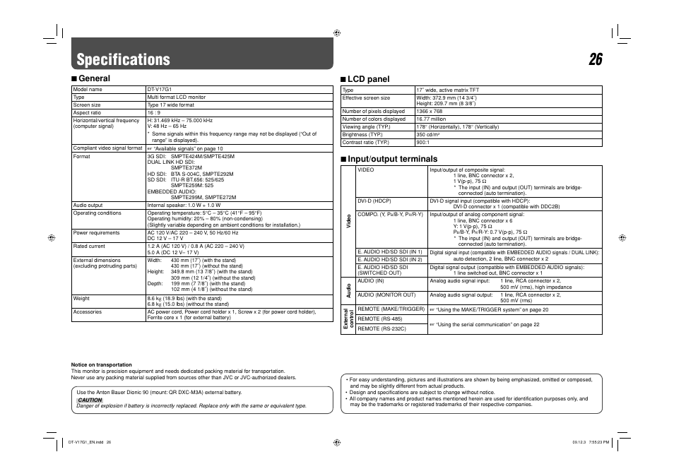Specifications, 7 general, 7 input/output terminals | 7 lcd panel | JVC DT-V17G1 User Manual | Page 26 / 28