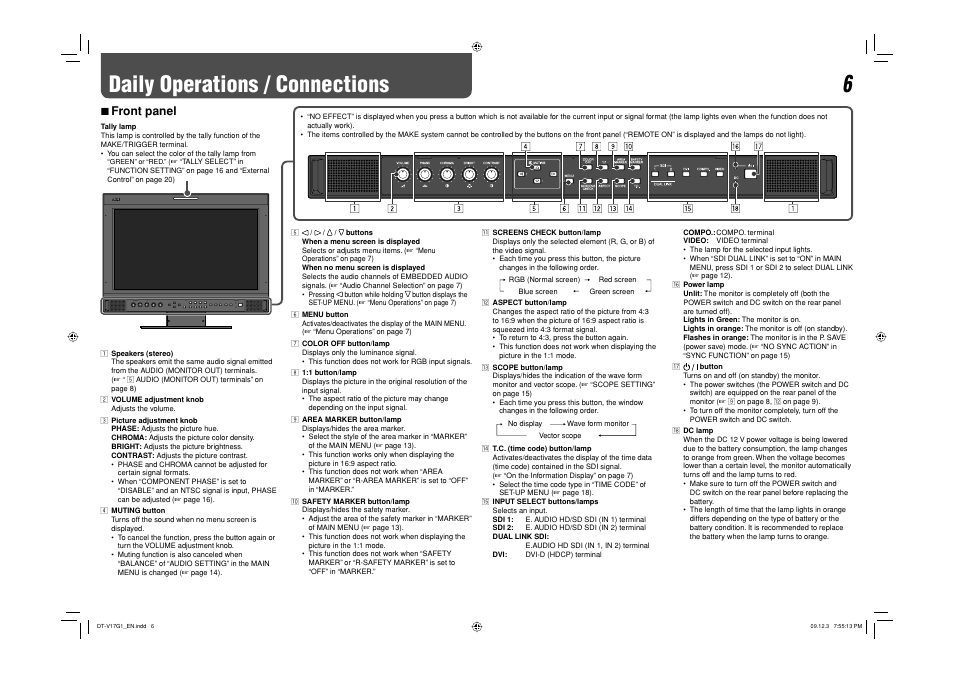 Daily operations / connections, 7 front panel | JVC DT-V17G1 User Manual | Page 6 / 28