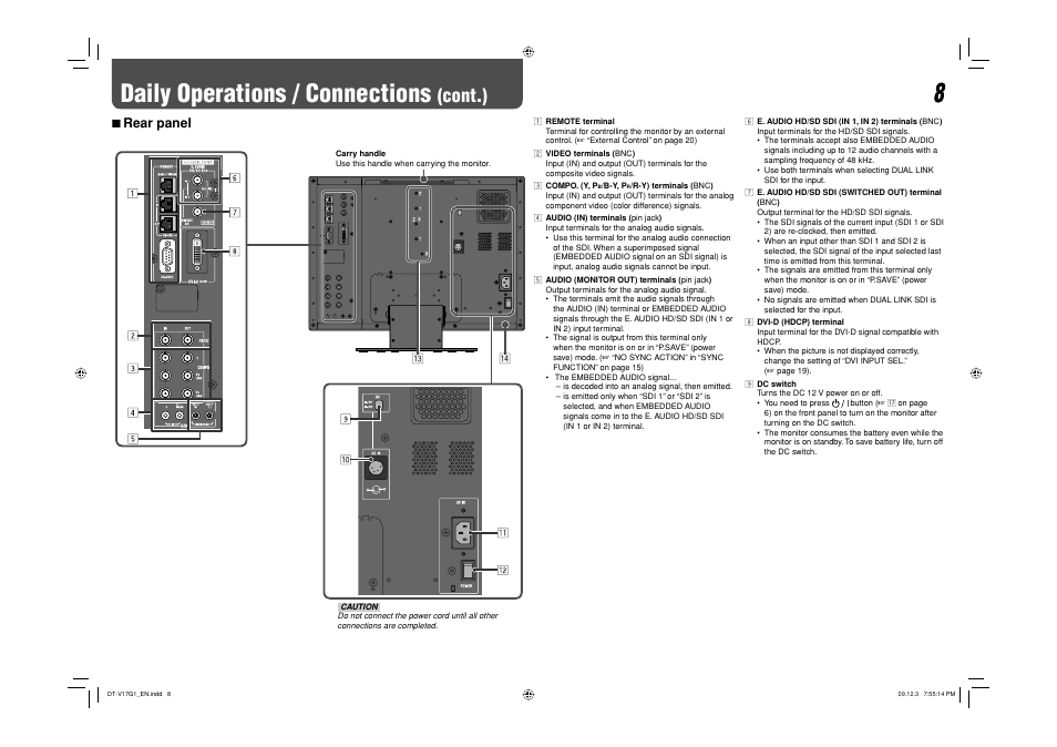 Daily operations / connections, Cont.), 7 rear panel | JVC DT-V17G1 User Manual | Page 8 / 28