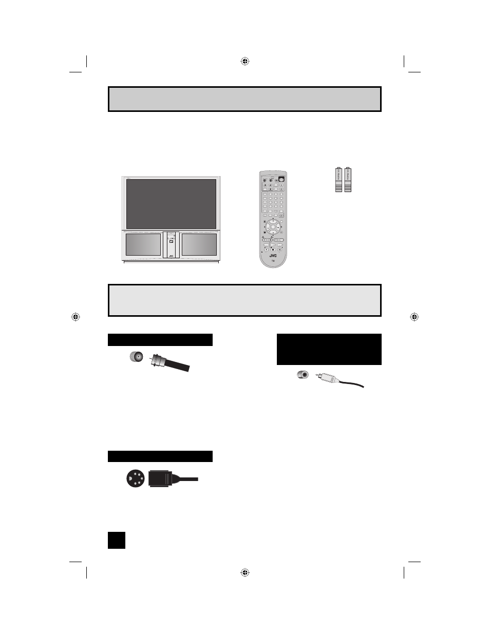 Quick setup unpacking your tv, Continued...), Coaxial cables | Component cables composite cables audio cables, S-video cable, 1 television, Return, Multi screen, Pro pull open power hdtv intergraded, Two aa batteries | JVC I'Art LCT1468-001B-A User Manual | Page 8 / 88