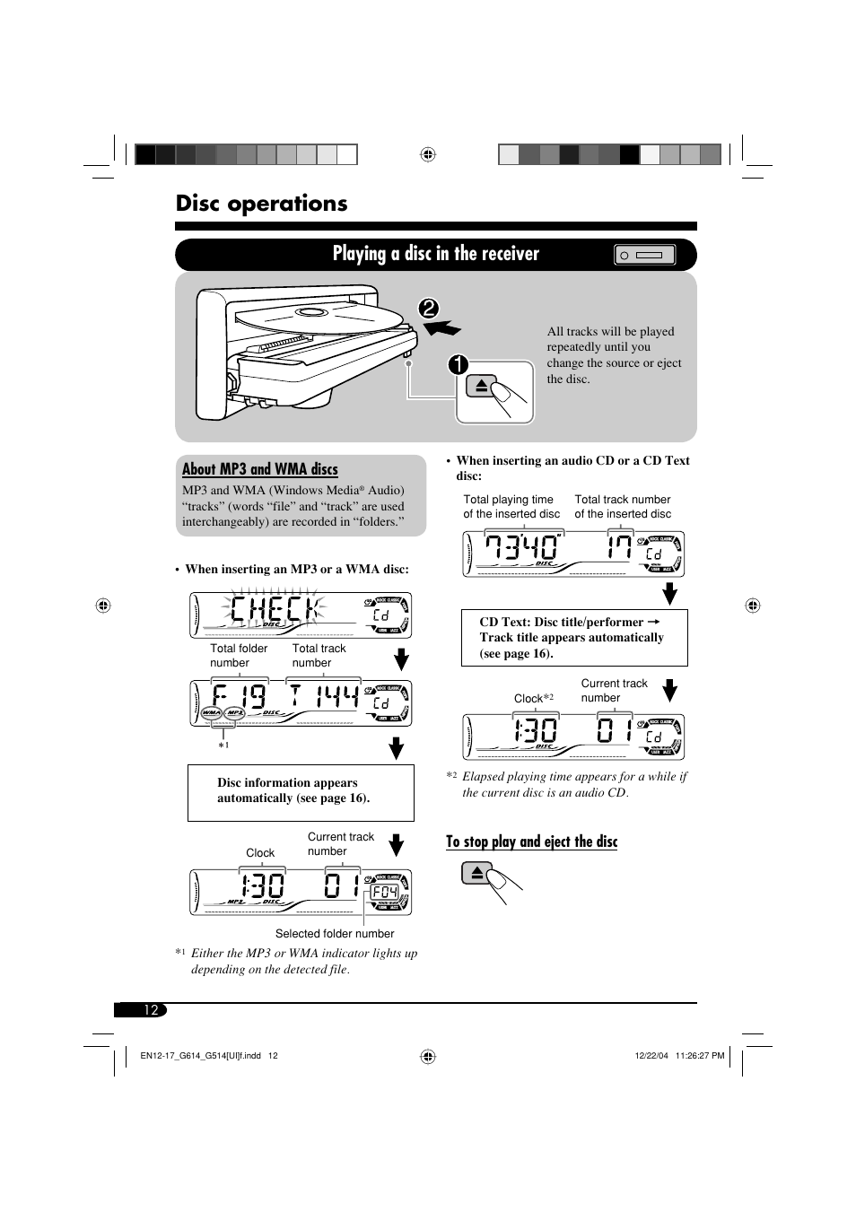 Disc operations, Playing a disc in the receiver, About mp3 and wma discs | JVC GET0305-001A User Manual | Page 12 / 34