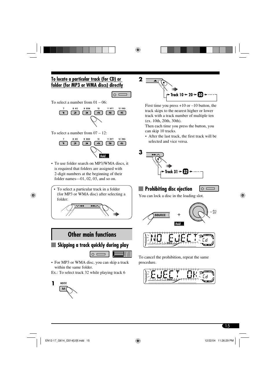 Other main functions, Skipping a track quickly during play, Prohibiting disc ejection | JVC GET0305-001A User Manual | Page 15 / 34
