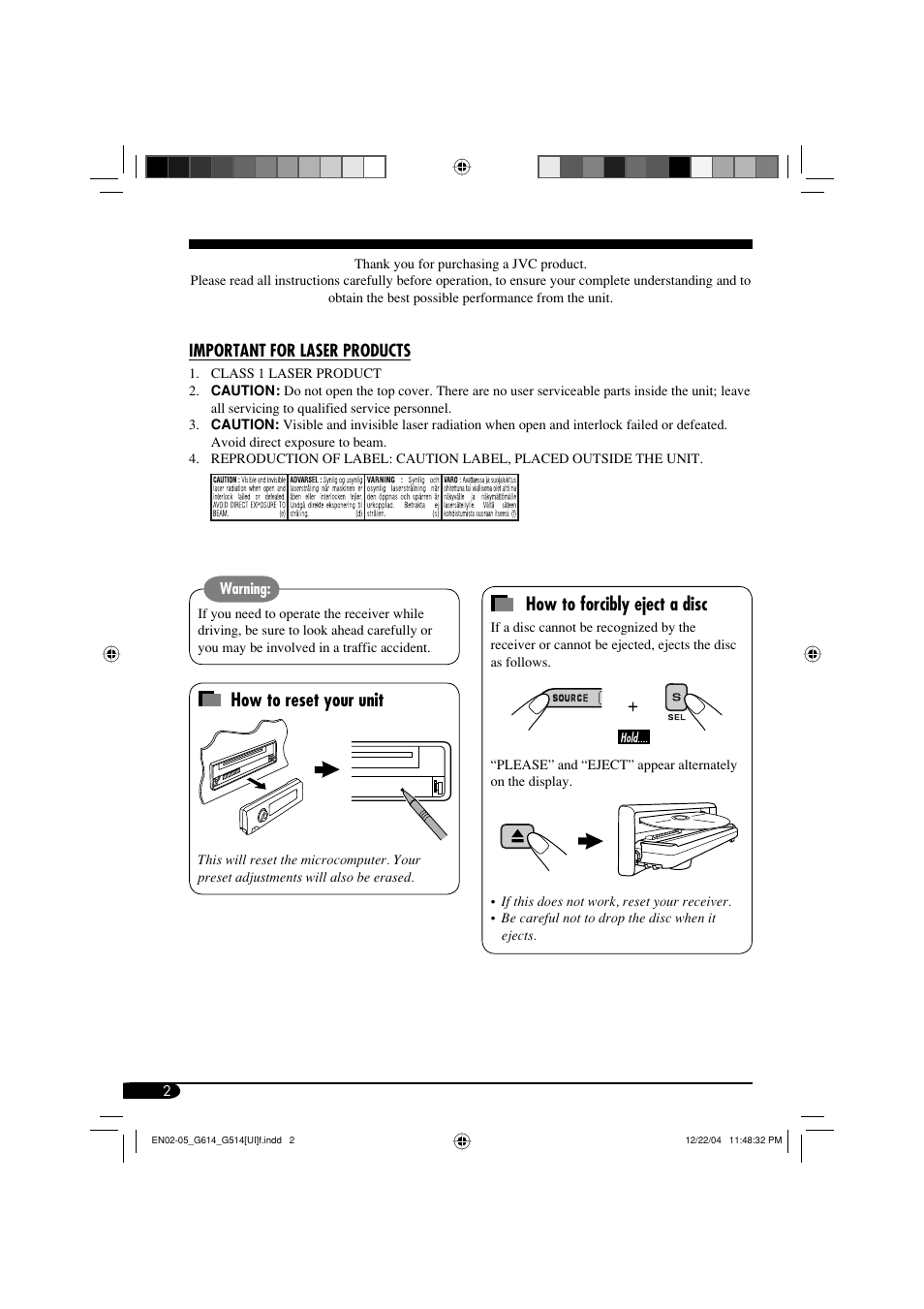 Important for laser products, How to forcibly eject a disc, How to reset your unit | JVC GET0305-001A User Manual | Page 2 / 34