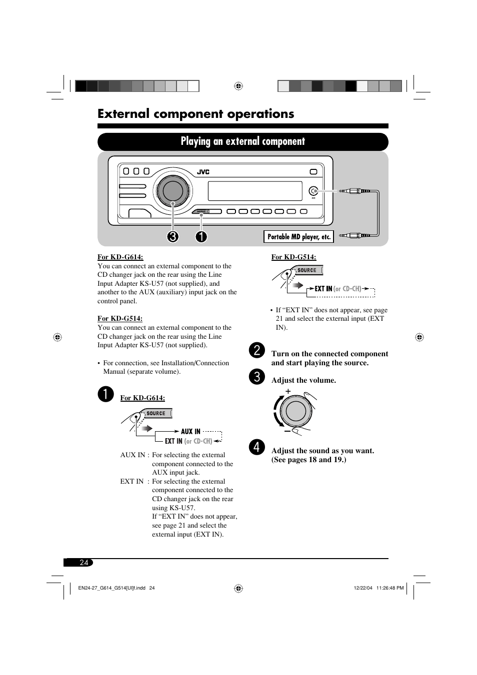 External component operations, Playing an external component | JVC GET0305-001A User Manual | Page 24 / 34
