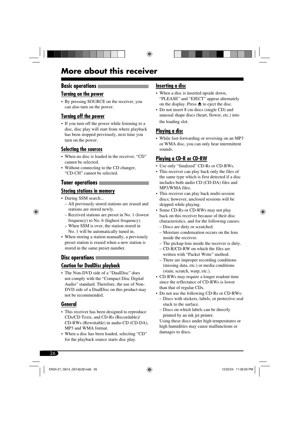 More about this receiver, Basic operations, Tuner operations | Disc operations | JVC GET0305-001A User Manual | Page 26 / 34
