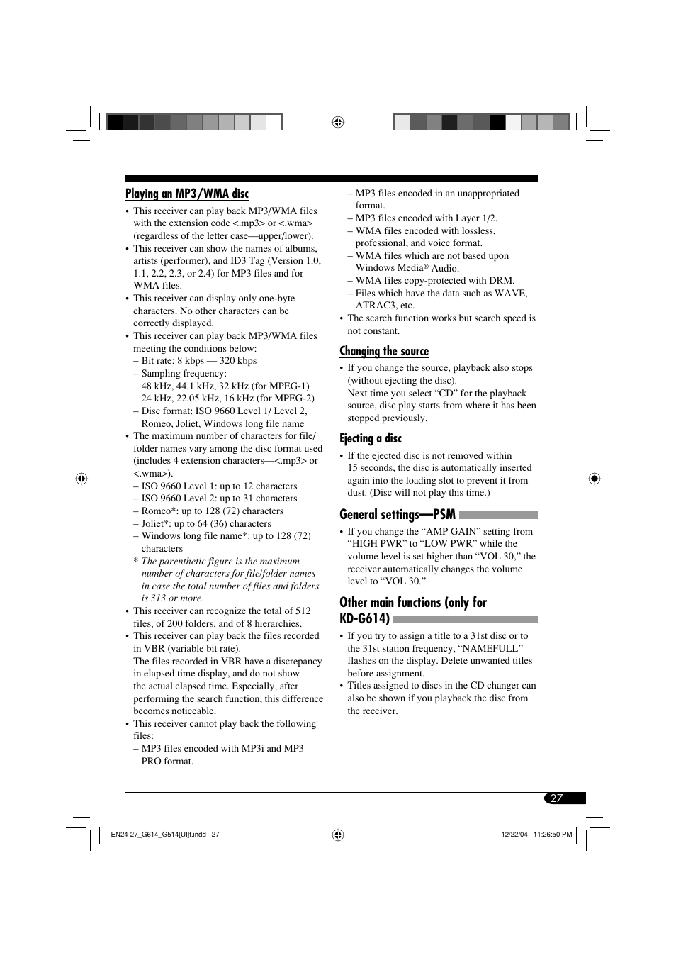 General settings—psm, Other main functions (only for kd-g614) | JVC GET0305-001A User Manual | Page 27 / 34