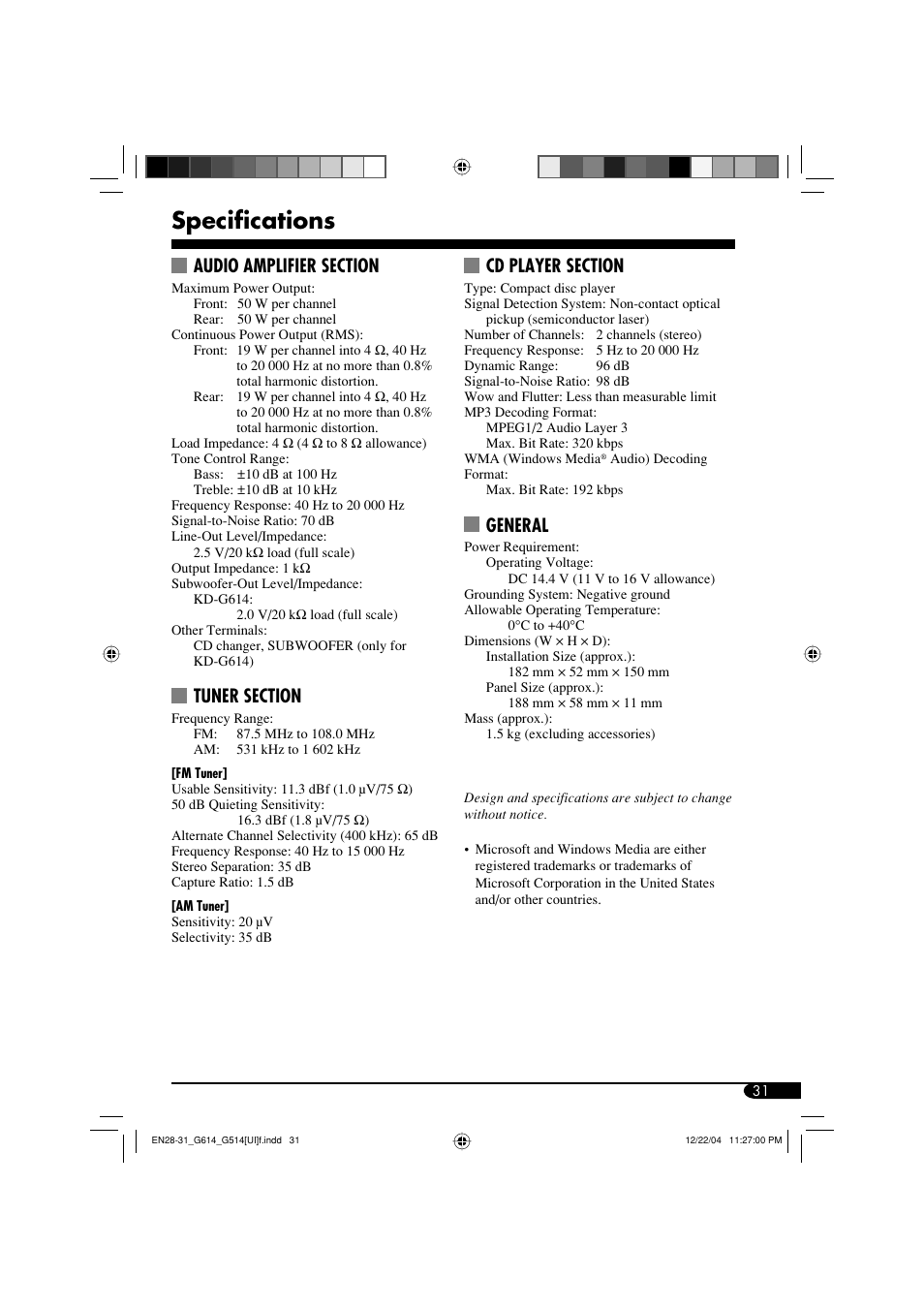 Specifications, General | JVC GET0305-001A User Manual | Page 31 / 34