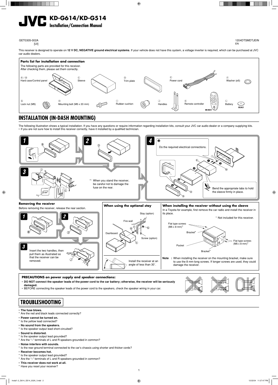Installation/connection manual, Installation, Troubleshooting | Installation (in-dash mounting) | JVC GET0305-001A User Manual | Page 33 / 34