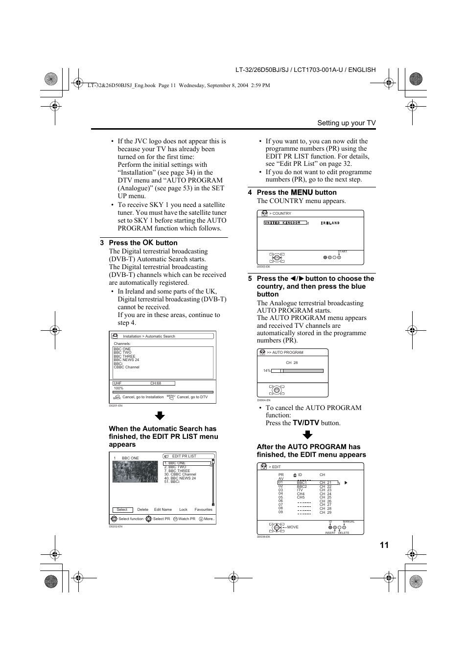 Tv/dtv, Setting up your tv | JVC DYNAPIX LCD IDTV WITH D.I.S.T. LT-32D50BJ User Manual | Page 11 / 72