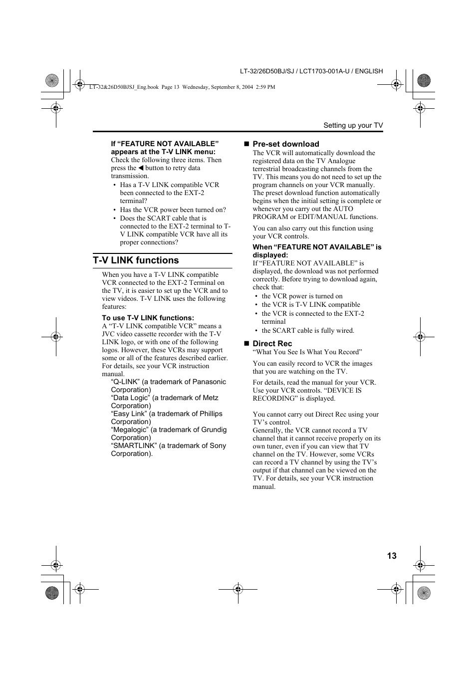 T-v link functions, See “t-v link functions | JVC DYNAPIX LCD IDTV WITH D.I.S.T. LT-32D50BJ User Manual | Page 13 / 72