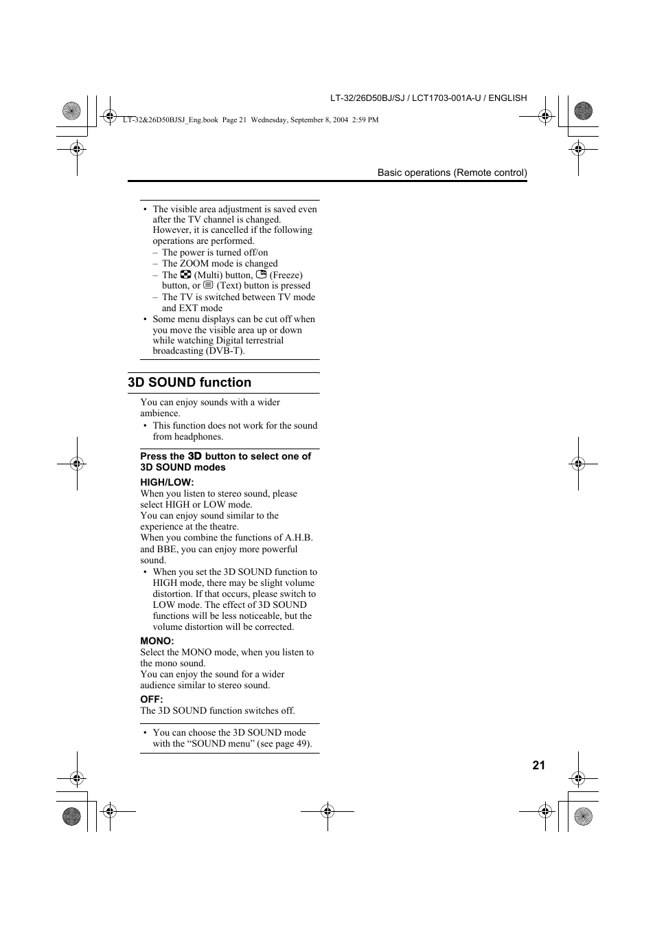 3d sound function | JVC DYNAPIX LCD IDTV WITH D.I.S.T. LT-32D50BJ User Manual | Page 21 / 72