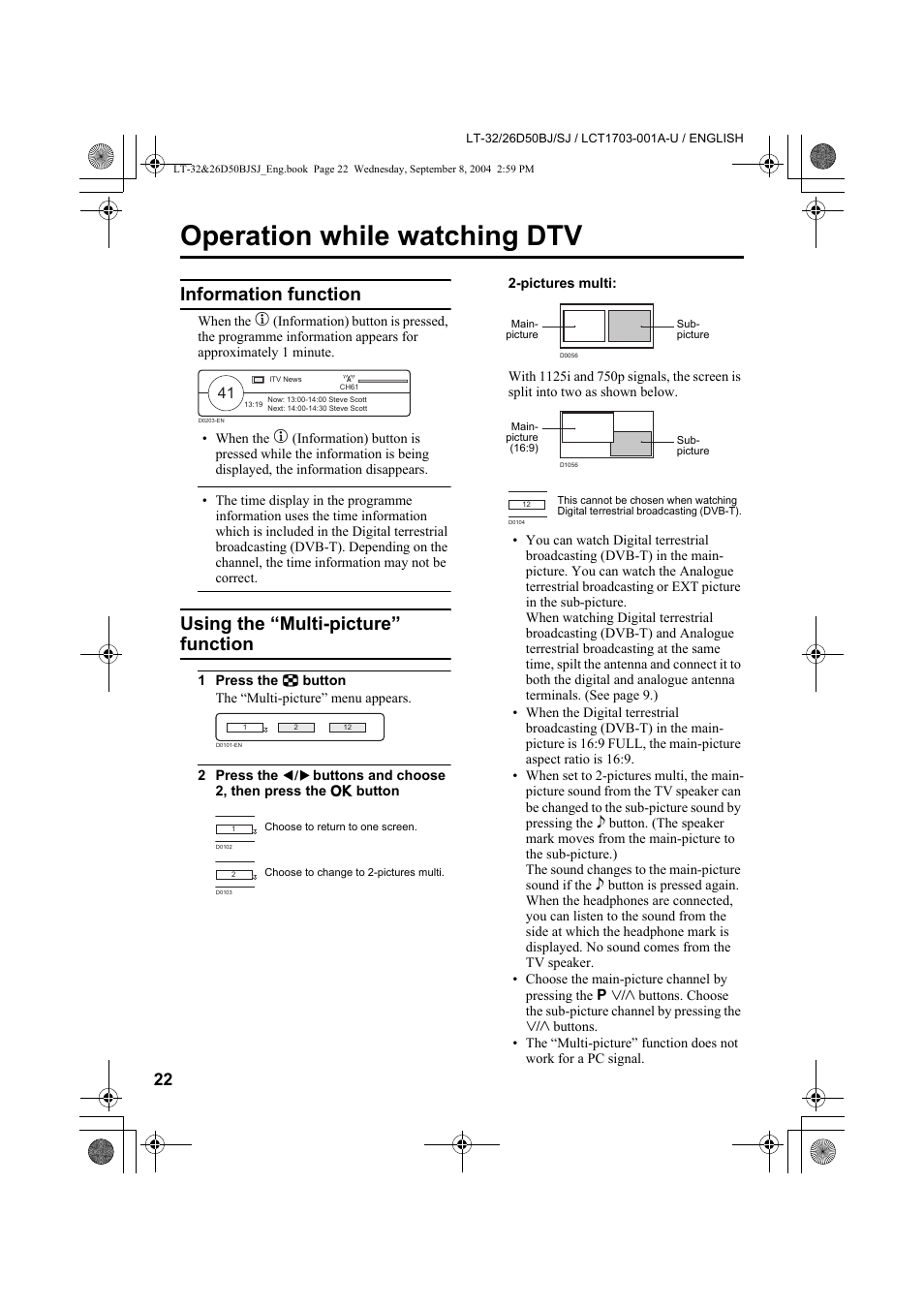 Operation while watching dtv, Information function, Using the “multi-picture” function | JVC DYNAPIX LCD IDTV WITH D.I.S.T. LT-32D50BJ User Manual | Page 22 / 72