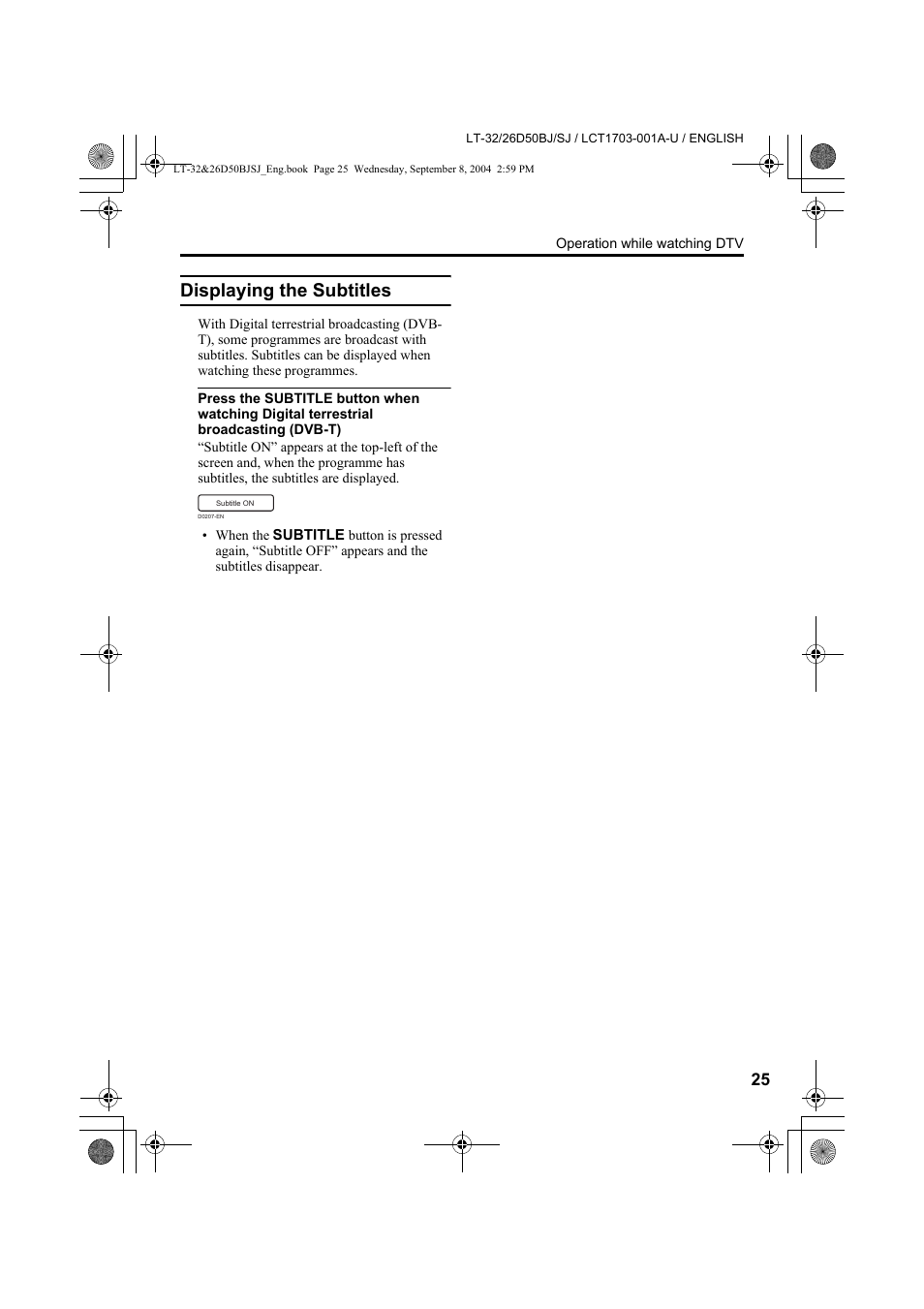 Displaying the subtitles | JVC DYNAPIX LCD IDTV WITH D.I.S.T. LT-32D50BJ User Manual | Page 25 / 72