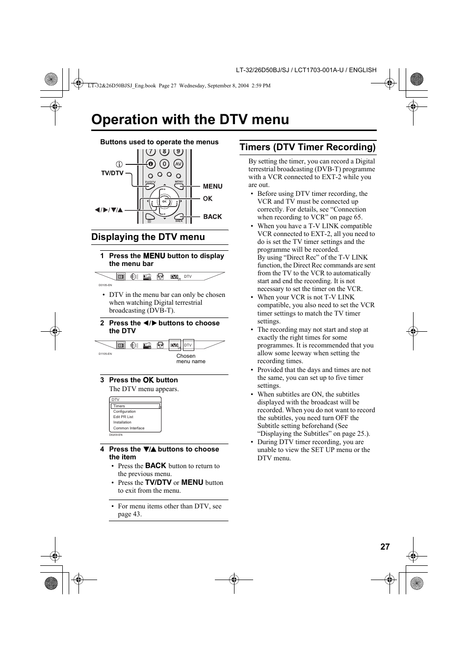 Operation with the dtv menu, Displaying the dtv menu, Timers (dtv timer recording) | JVC DYNAPIX LCD IDTV WITH D.I.S.T. LT-32D50BJ User Manual | Page 27 / 72