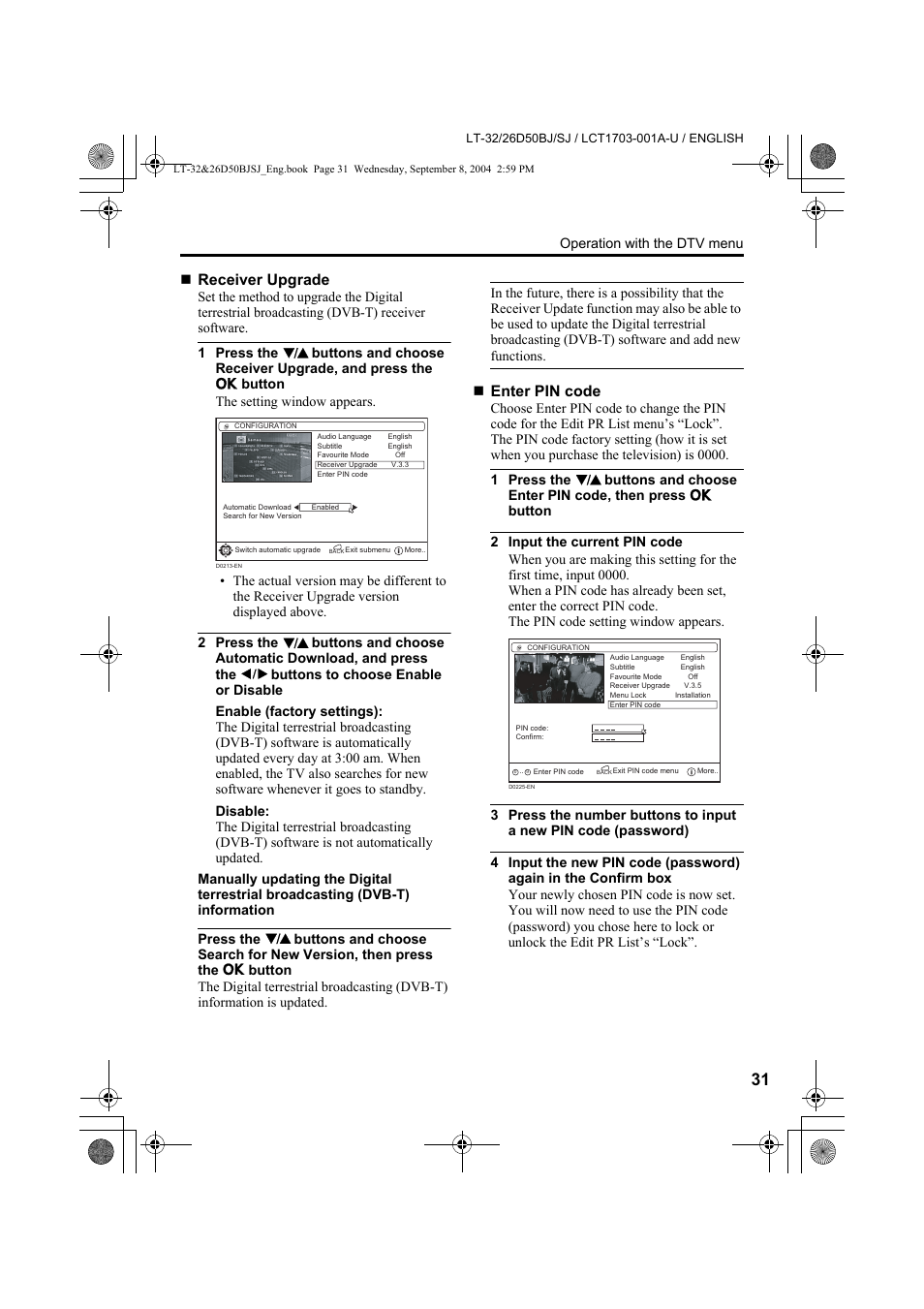 Receiver upgrade, Enter pin code | JVC DYNAPIX LCD IDTV WITH D.I.S.T. LT-32D50BJ User Manual | Page 31 / 72