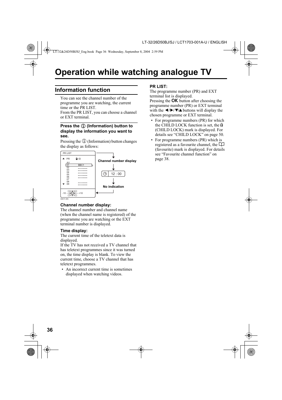 Operation while watching analogue tv, Information function, Operation while watching | Analogue tv | JVC DYNAPIX LCD IDTV WITH D.I.S.T. LT-32D50BJ User Manual | Page 36 / 72