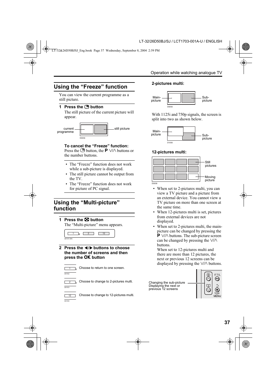 Using the “freeze” function, Using the “multi-picture” function | JVC DYNAPIX LCD IDTV WITH D.I.S.T. LT-32D50BJ User Manual | Page 37 / 72