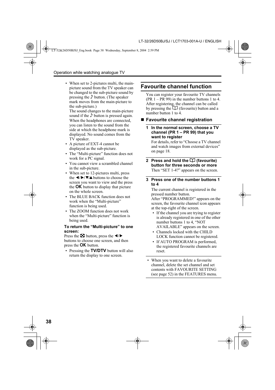 Favourite channel function | JVC DYNAPIX LCD IDTV WITH D.I.S.T. LT-32D50BJ User Manual | Page 38 / 72