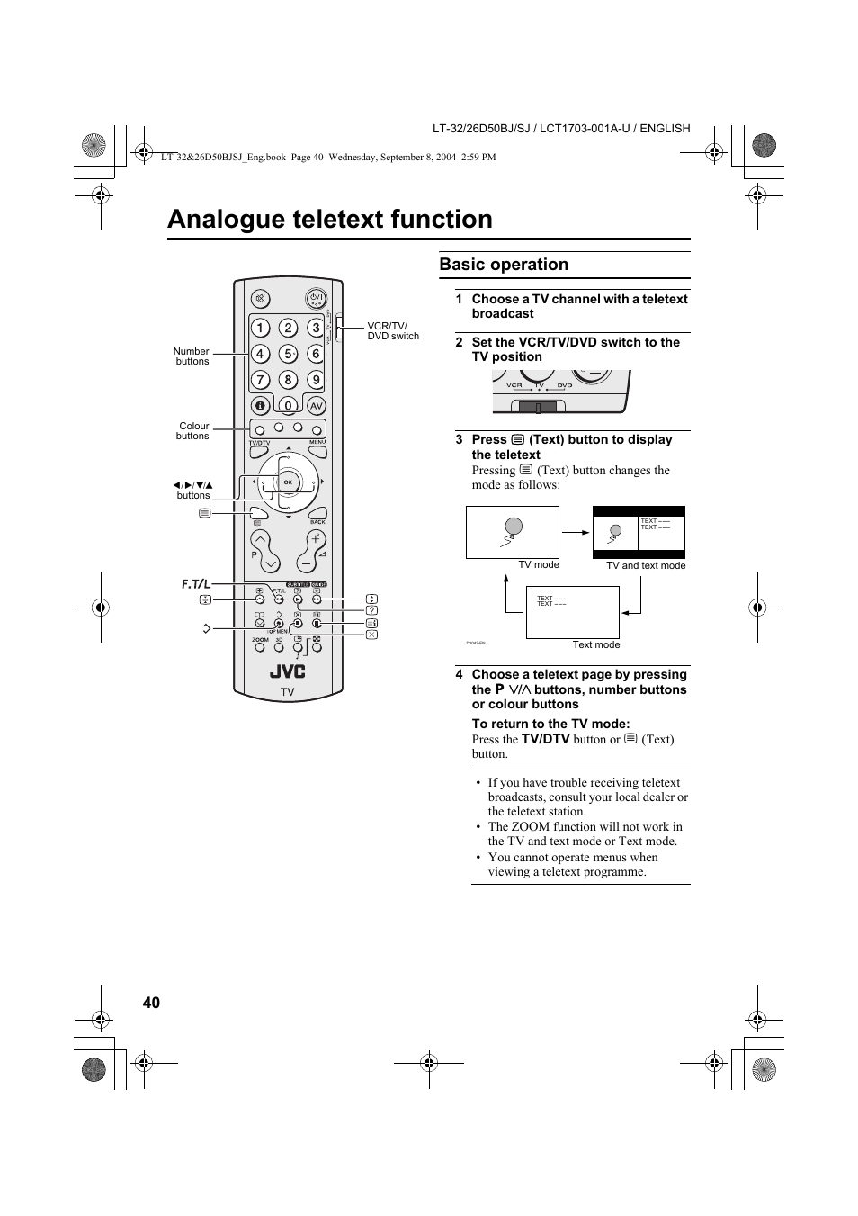 Analogue teletext function, Basic operation | JVC DYNAPIX LCD IDTV WITH D.I.S.T. LT-32D50BJ User Manual | Page 40 / 72