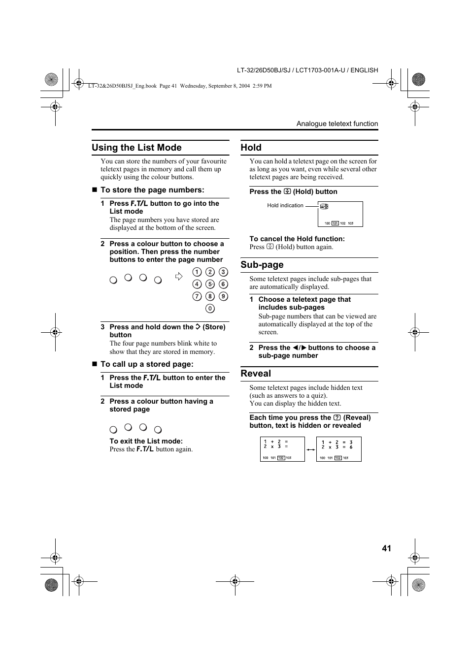 Using the list mode, Hold, Reveal | Sub-page | JVC DYNAPIX LCD IDTV WITH D.I.S.T. LT-32D50BJ User Manual | Page 41 / 72