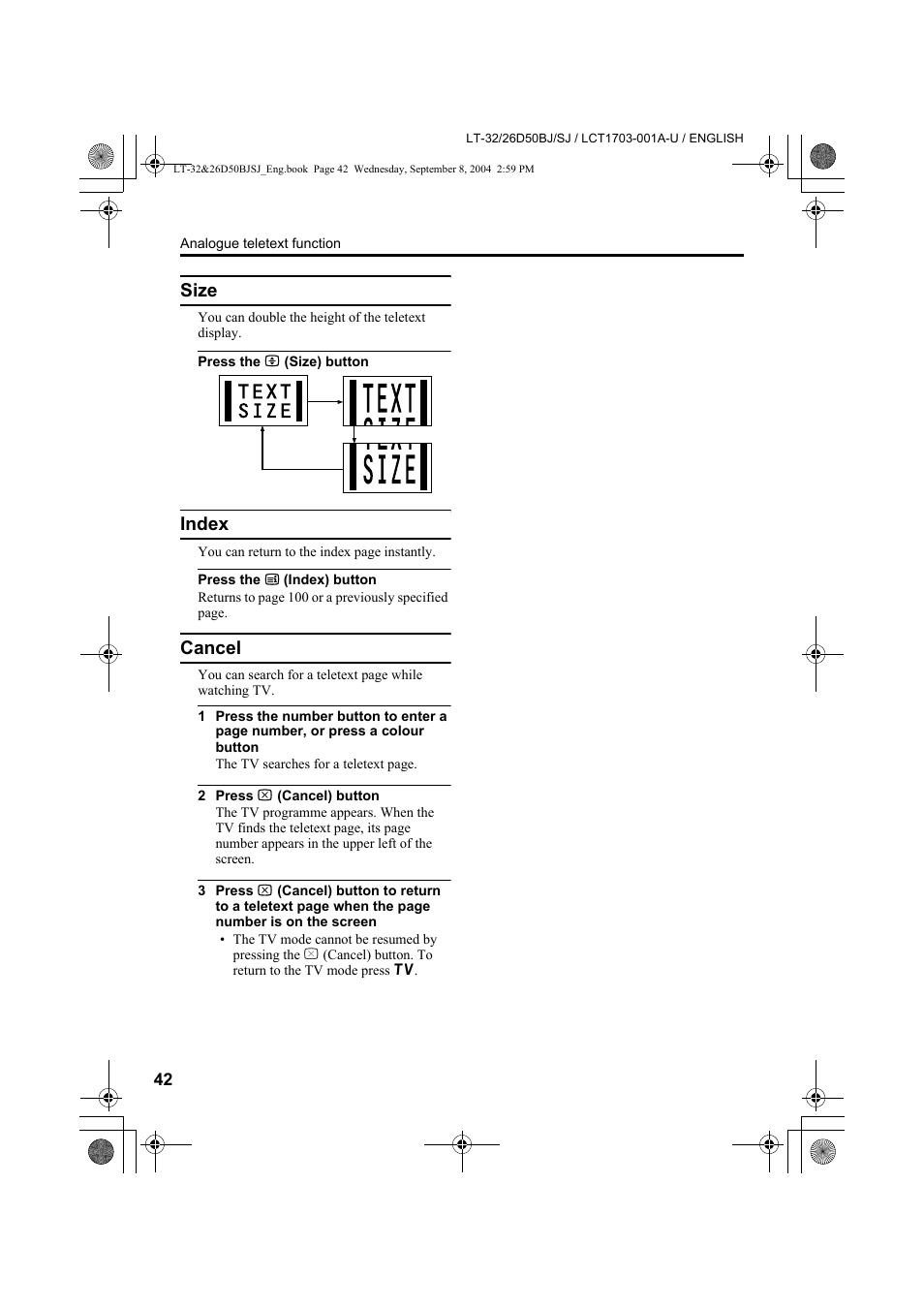 Size, Index, Cancel | JVC DYNAPIX LCD IDTV WITH D.I.S.T. LT-32D50BJ User Manual | Page 42 / 72