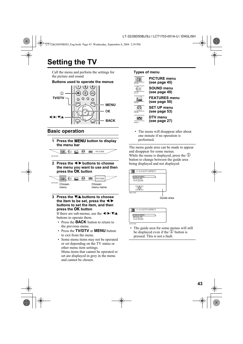 Setting the tv, Basic operation | JVC DYNAPIX LCD IDTV WITH D.I.S.T. LT-32D50BJ User Manual | Page 43 / 72