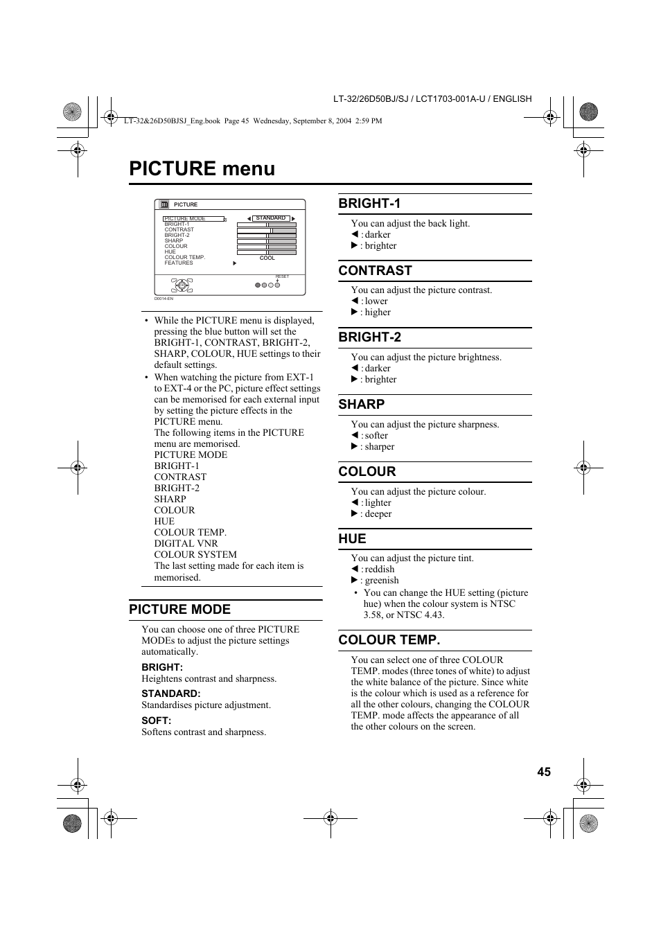 Picture menu, Picture mode, Bright-1 | Contrast, Bright-2, Sharp, Colour, Colour temp | JVC DYNAPIX LCD IDTV WITH D.I.S.T. LT-32D50BJ User Manual | Page 45 / 72