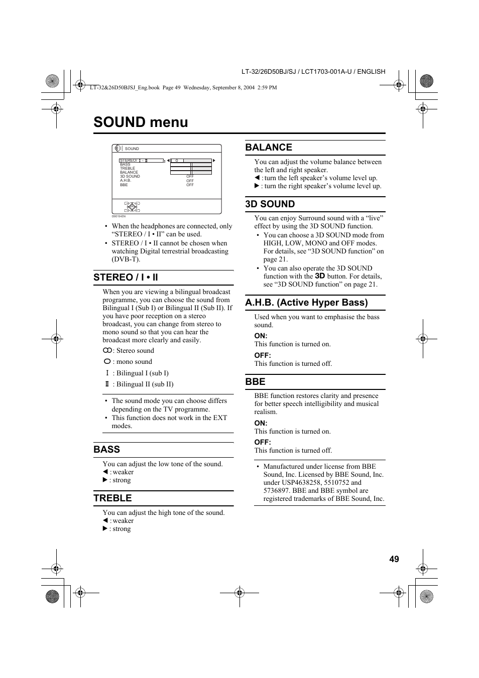 Sound menu, Stereo / i • ii, Bass | Treble, Balance, 3d sound, A.h.b. (active hyper bass) | JVC DYNAPIX LCD IDTV WITH D.I.S.T. LT-32D50BJ User Manual | Page 49 / 72