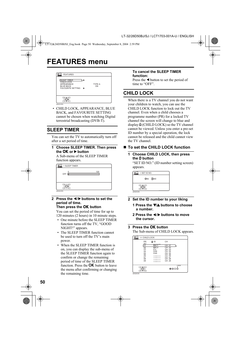 Features menu, Sleep timer, Child lock | JVC DYNAPIX LCD IDTV WITH D.I.S.T. LT-32D50BJ User Manual | Page 50 / 72