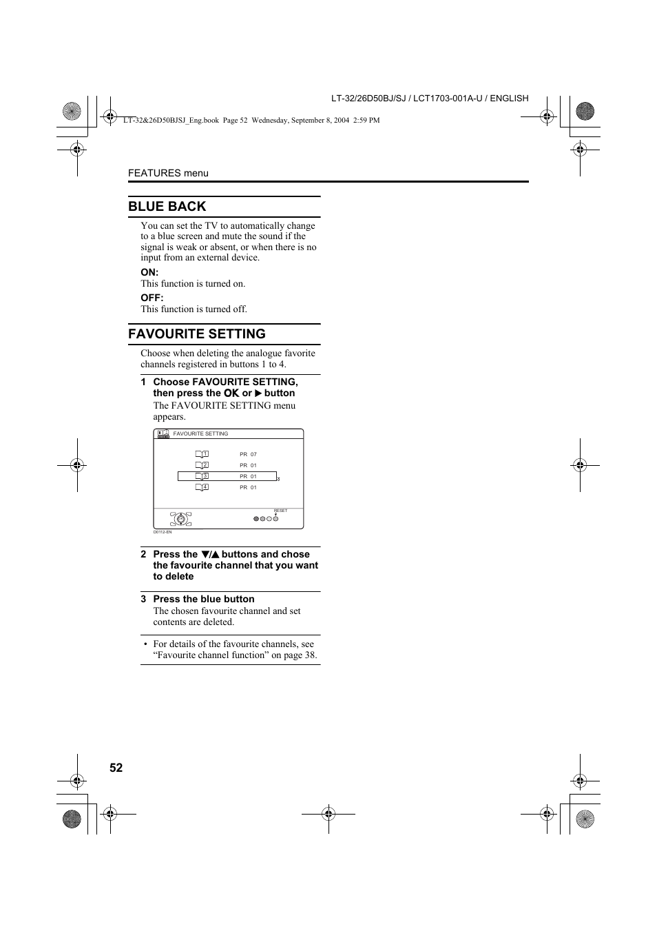 Blue back, Favourite setting | JVC DYNAPIX LCD IDTV WITH D.I.S.T. LT-32D50BJ User Manual | Page 52 / 72