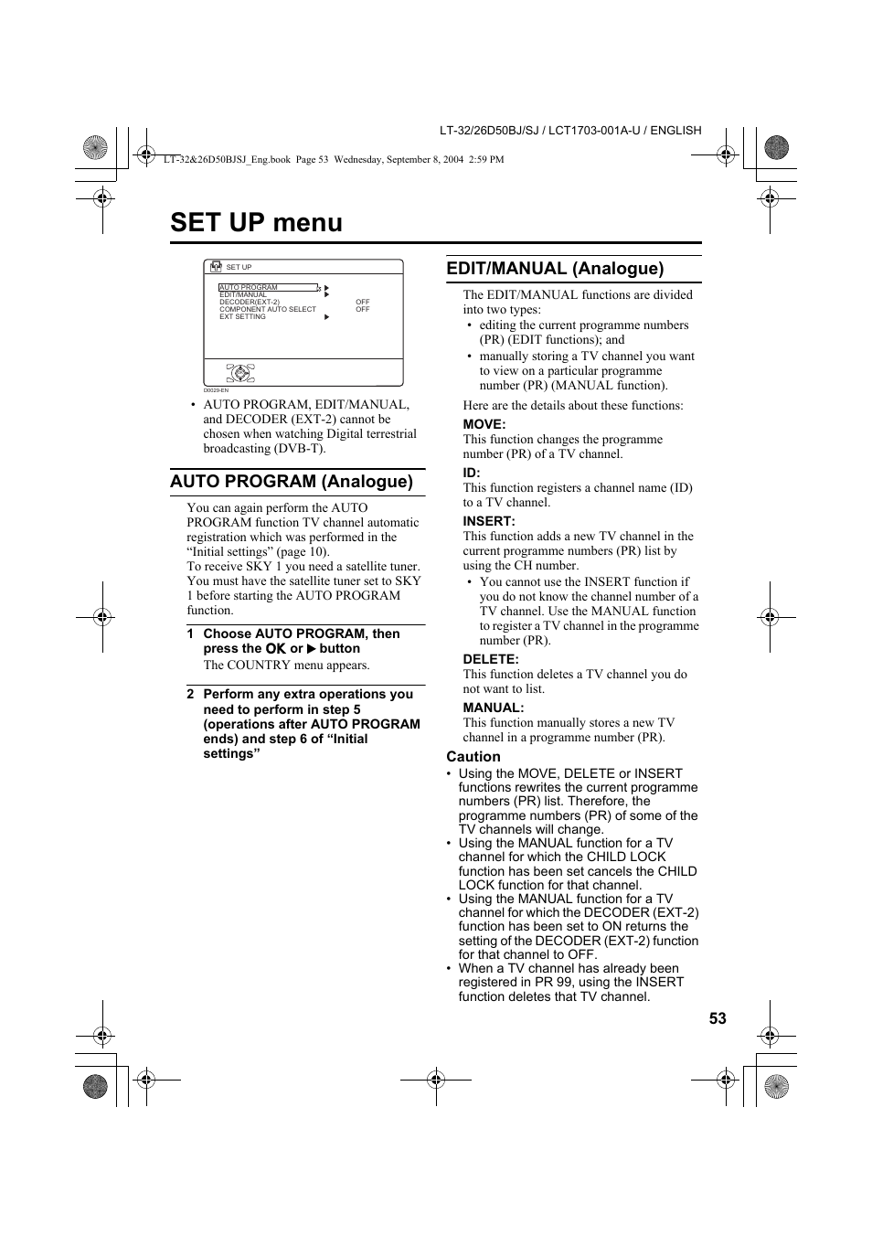 Set up menu, Auto program (analogue), Edit/manual (analogue) | And “auto program | JVC DYNAPIX LCD IDTV WITH D.I.S.T. LT-32D50BJ User Manual | Page 53 / 72