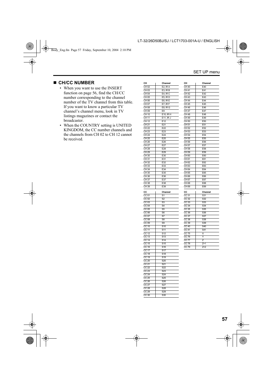 Ch/cc number, Set up menu | JVC DYNAPIX LCD IDTV WITH D.I.S.T. LT-32D50BJ User Manual | Page 57 / 72