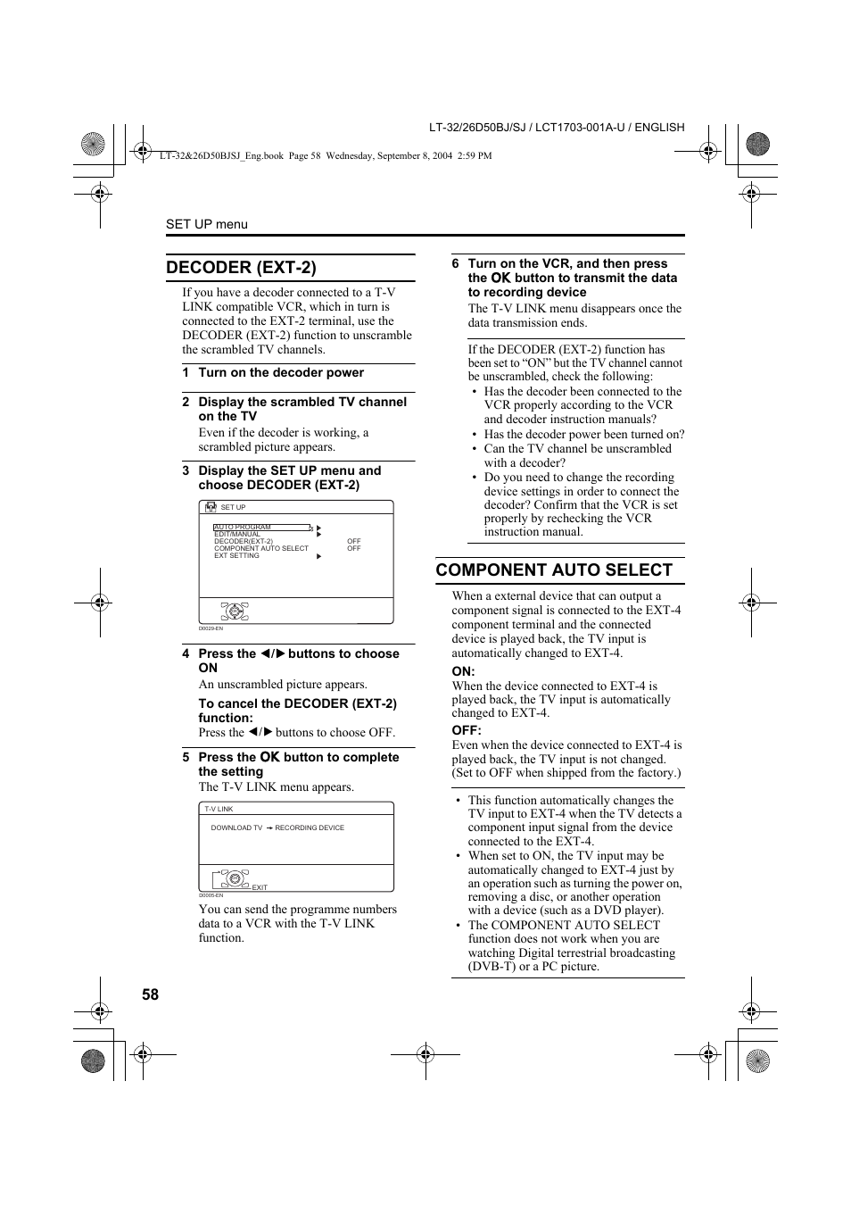 Decoder (ext-2), Component auto select, See “component auto | JVC DYNAPIX LCD IDTV WITH D.I.S.T. LT-32D50BJ User Manual | Page 58 / 72