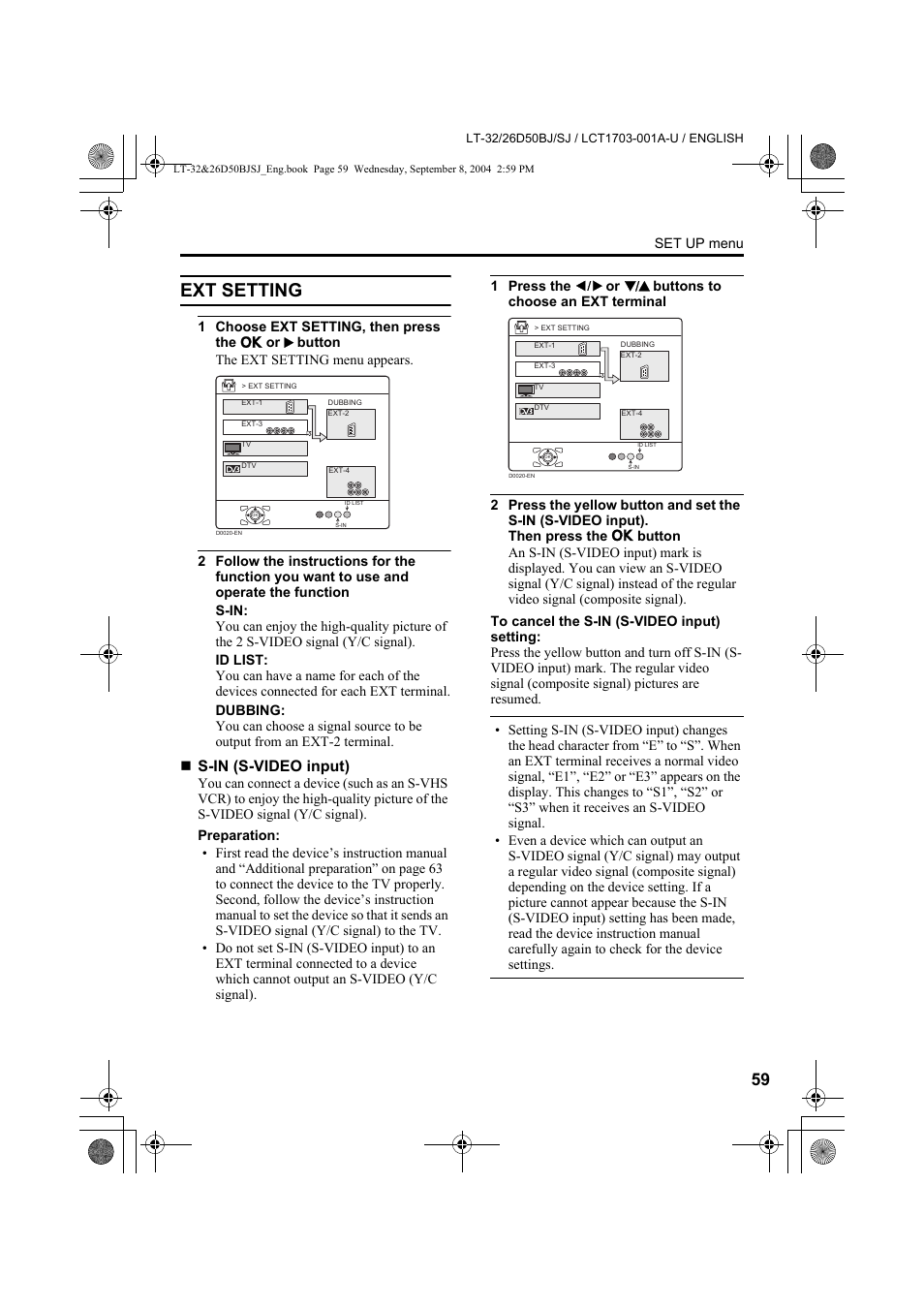 Ext setting, S-in (s-video input) | JVC DYNAPIX LCD IDTV WITH D.I.S.T. LT-32D50BJ User Manual | Page 59 / 72