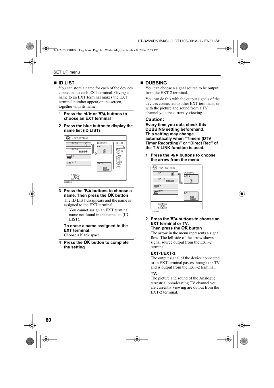 Id list, Dubbing, Caution | JVC DYNAPIX LCD IDTV WITH D.I.S.T. LT-32D50BJ User Manual | Page 60 / 72