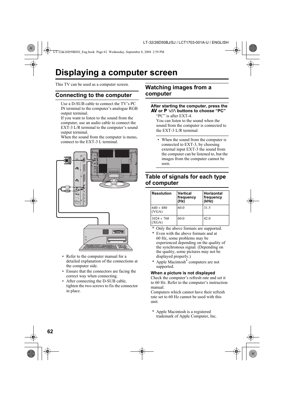 Displaying a computer screen, Connecting to the computer, Watching images from a computer | Table of signals for each type of computer, Table of signals for each type of, Computer | JVC DYNAPIX LCD IDTV WITH D.I.S.T. LT-32D50BJ User Manual | Page 62 / 72