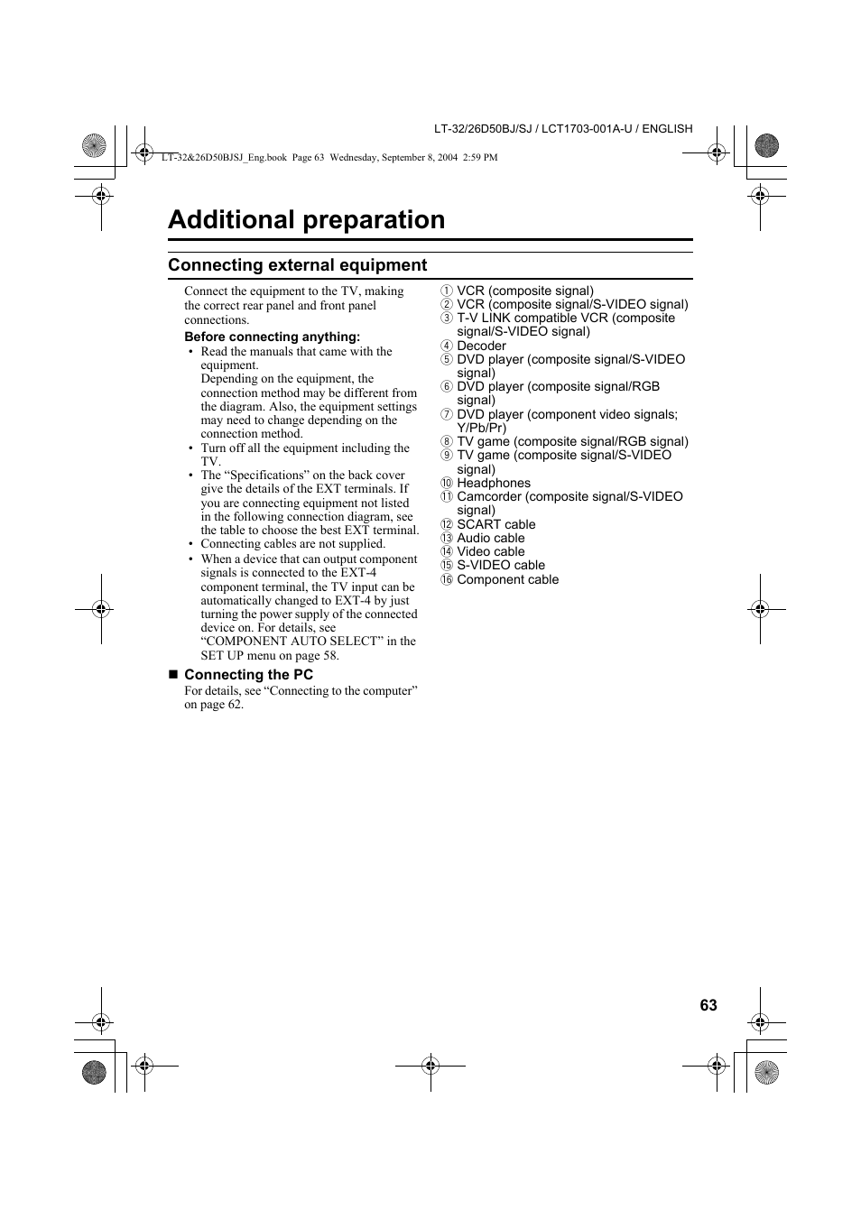 Additional preparation, Connecting external equipment, Connecting external equipment” on | JVC DYNAPIX LCD IDTV WITH D.I.S.T. LT-32D50BJ User Manual | Page 63 / 72