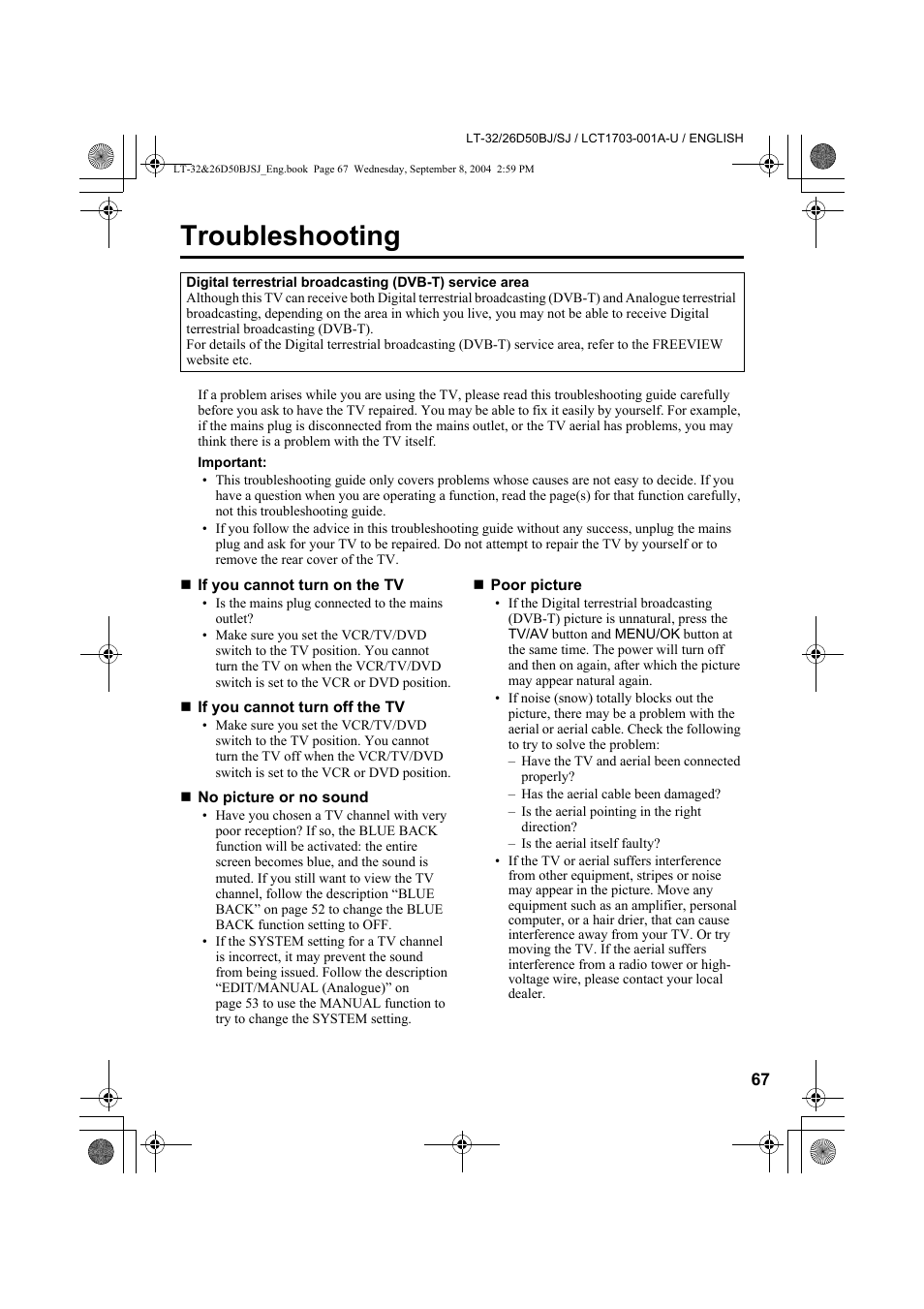 Troubleshooting | JVC DYNAPIX LCD IDTV WITH D.I.S.T. LT-32D50BJ User Manual | Page 67 / 72
