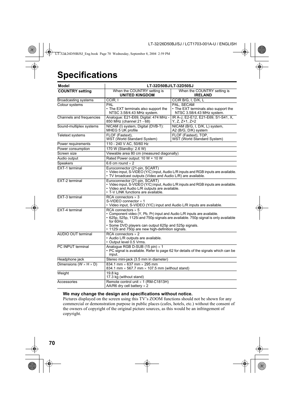 Specifications | JVC DYNAPIX LCD IDTV WITH D.I.S.T. LT-32D50BJ User Manual | Page 70 / 72