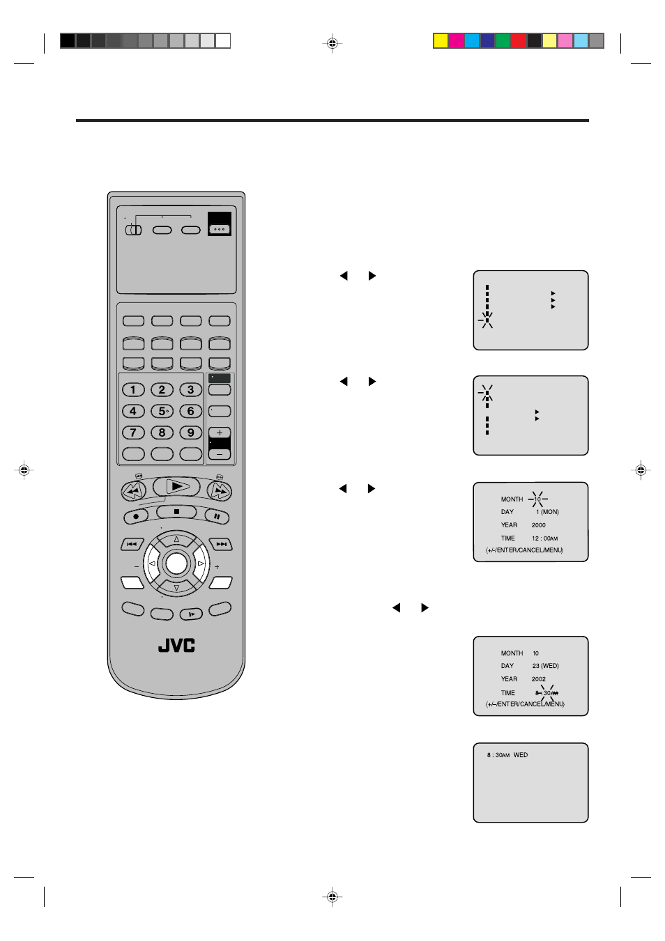 Manual clock setting, Vcr/dvd/tv, Press setup menu . the vcr menu screen will appear | Set the day, year and time as in step 4 | JVC HR-XVC1UJ User Manual | Page 23 / 56