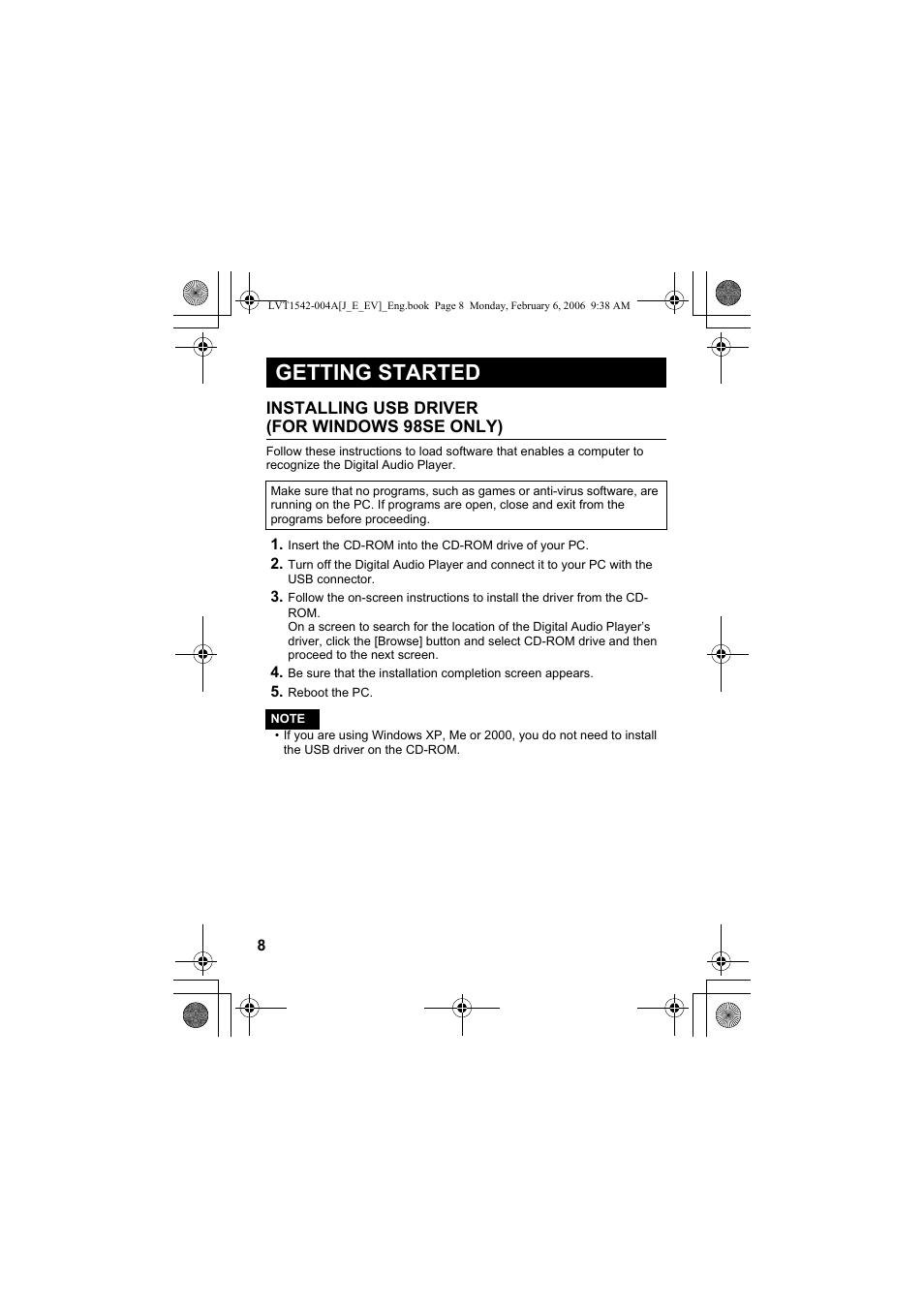 Getting started, Installing usb driver (for windows 98se only) | JVC XA-F107A User Manual | Page 8 / 92