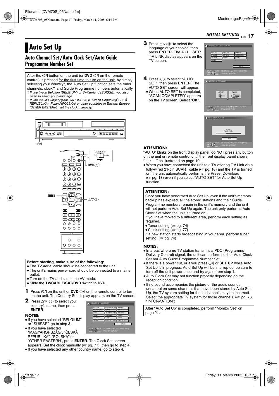 Initial settings, Auto set up, A pg. 17 | JVC SR-DVM70EU User Manual | Page 17 / 92