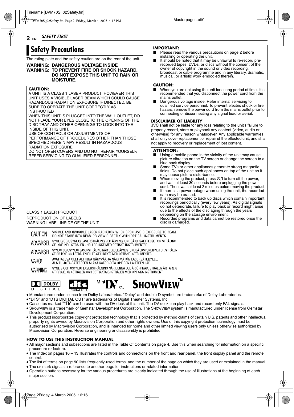 Safety precautions | JVC SR-DVM70EU User Manual | Page 2 / 92