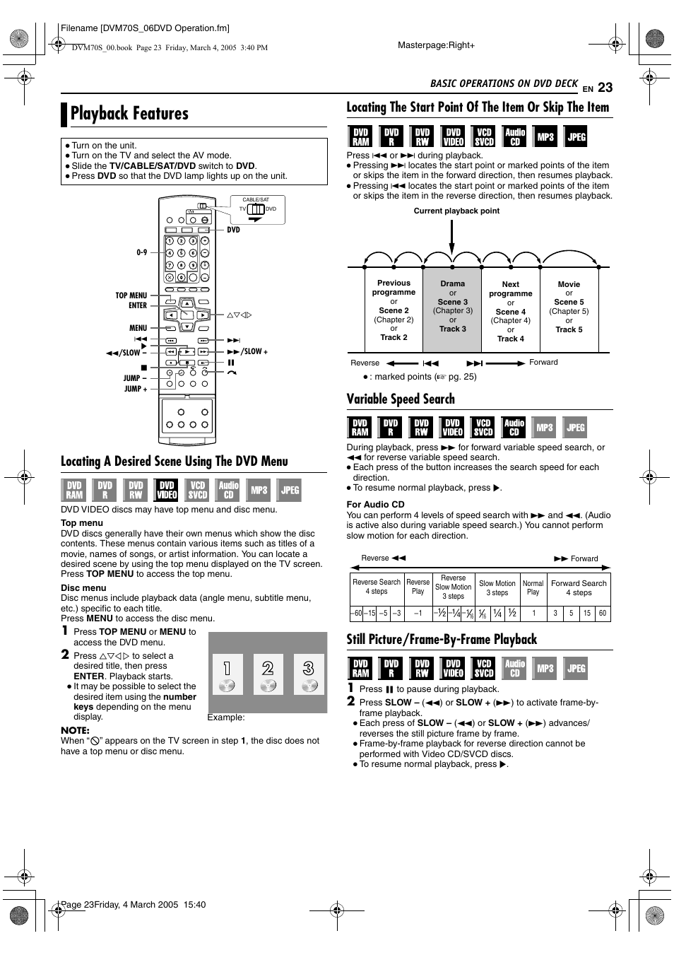 Playback features, A pg. 23, A pg. 23, 42, 38 | A pg. 23, 42, Alocating a desired scene using the dvd menub, A pg. 23), Locating a desired scene using the dvd menu, Variable speed search, Still picture/frame-by-frame playback | JVC SR-DVM70EU User Manual | Page 23 / 92