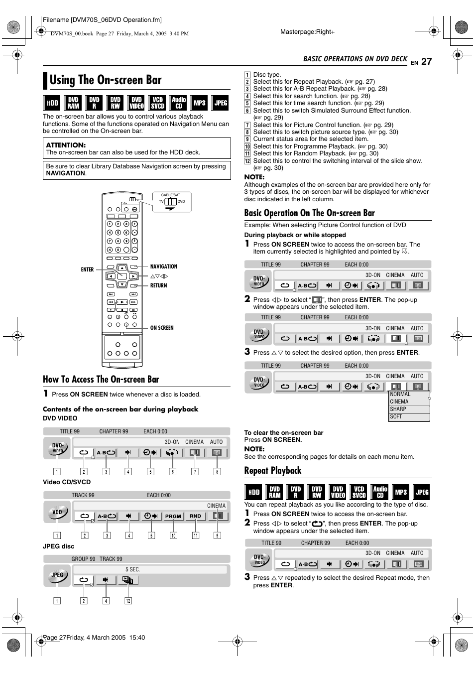 Using the on-screen bar, A pg. 27, How to access the on-screen bar | Basic operation on the on-screen bar, Repeat playback | JVC SR-DVM70EU User Manual | Page 27 / 92