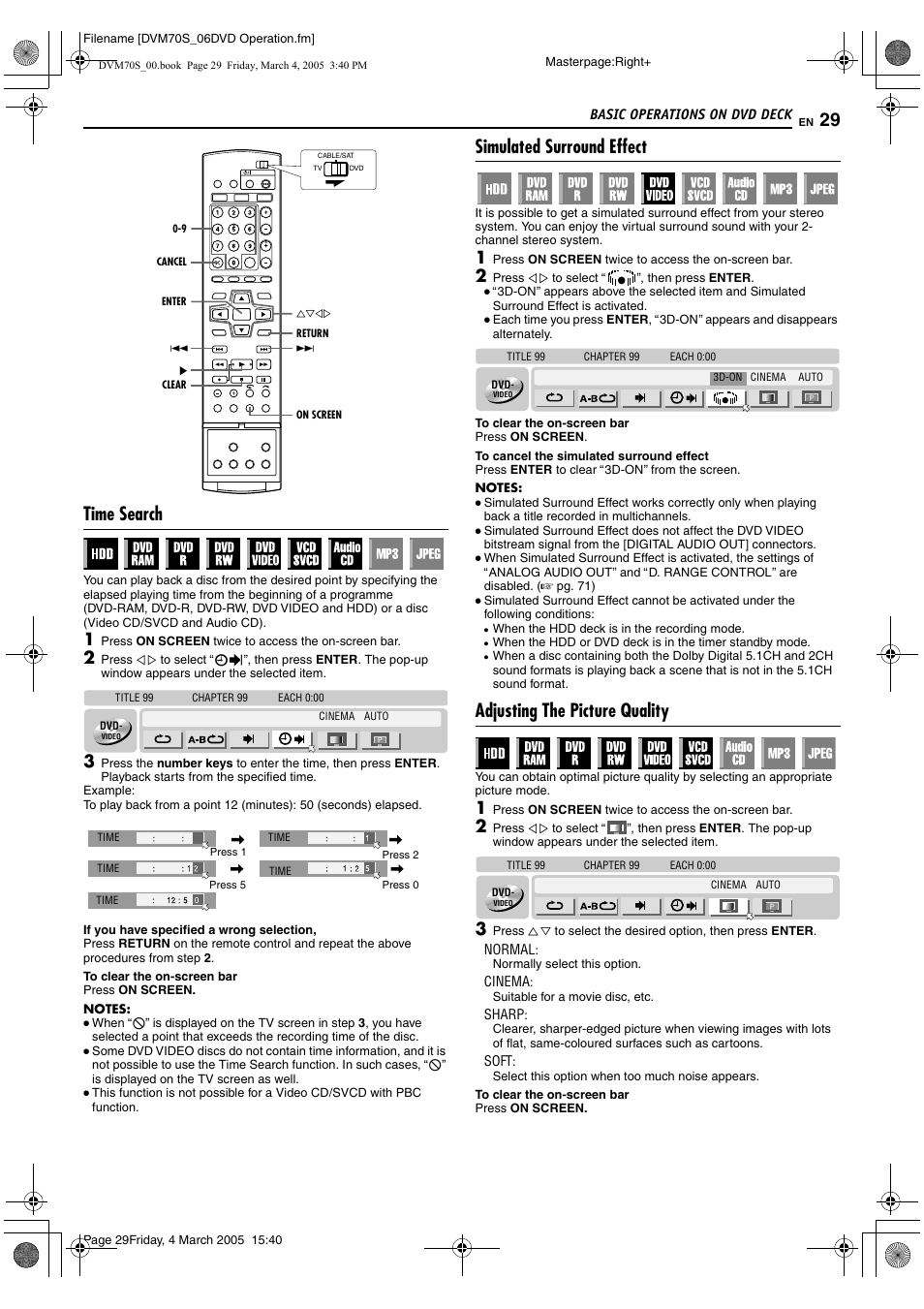 A pg. 29, A pg. 29), R picture control function. (a pg. 29) | Time search, Simulated surround effect, Adjusting the picture quality | JVC SR-DVM70EU User Manual | Page 29 / 92