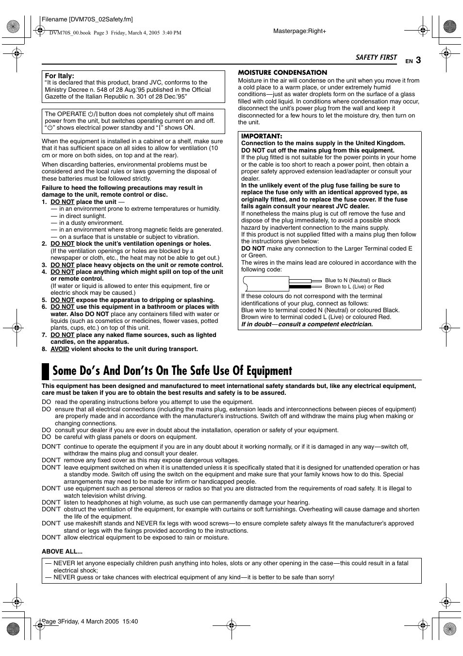 Some do’s and don’ts on the safe use of equipment | JVC SR-DVM70EU User Manual | Page 3 / 92