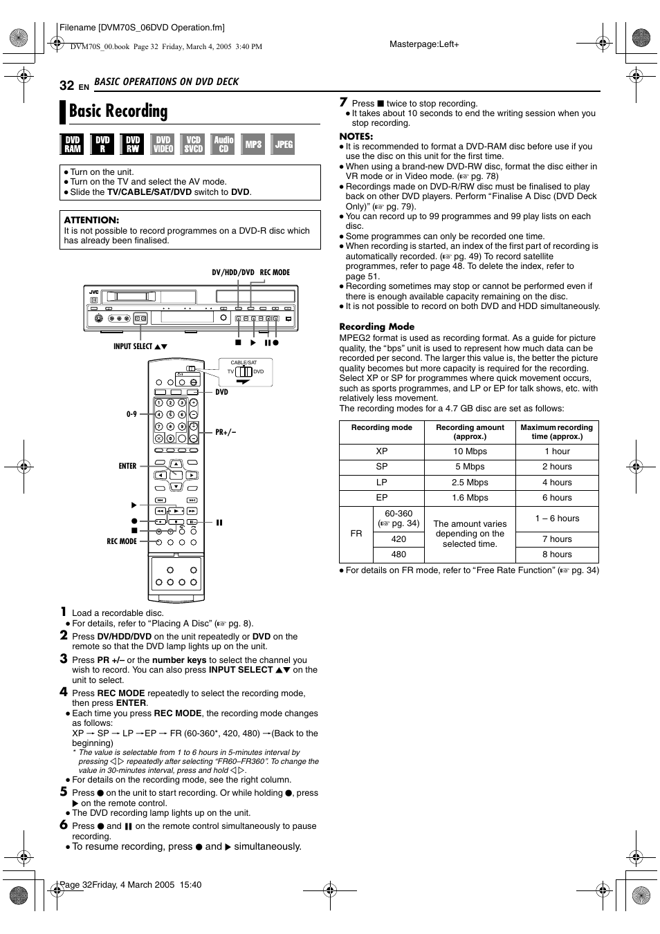 Basic recording, A pg. 32, A pg. 32, 35 | A pg. 32, 6 | JVC SR-DVM70EU User Manual | Page 32 / 92
