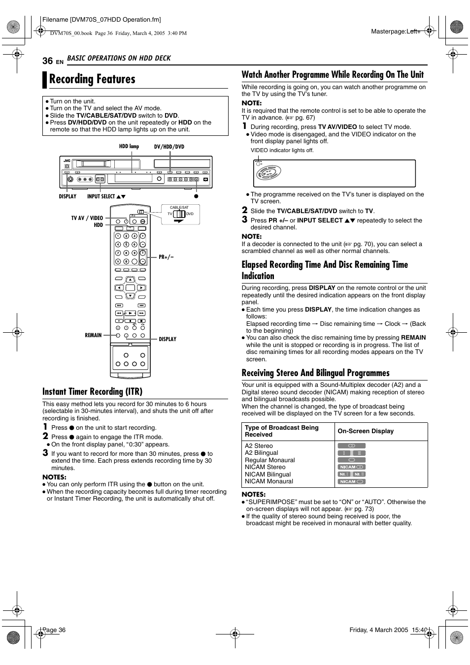 Recording features, Instant timer recording (itr), Receiving stereo and bilingual programmes | JVC SR-DVM70EU User Manual | Page 36 / 92